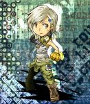  bangs boots brown_eyes chibi clothes_around_waist ear_protection gloves hair_ornament hairclip headset jousan jumpsuit metal_gear_rising:_revengeance name_tag parted_bangs silver_hair striped sunny_gurlukovich tank_top 