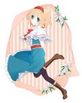  1girl alice_margatroid arms_behind_back black_legwear blue_eyes blush boots capelet cross-laced_footwear flower hairband lace-up_boots pantyhose solo touhou tsuno_no_hito 