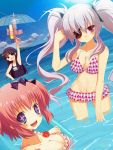  +_+ 3girls bikini bikini_skirt eyepatch hibari_(senran_kagura) mirai_(senran_kagura) multiple_girls school_swimsuit senran_kagura susugi swimsuit water_gun yagyuu_(senran_kagura) 