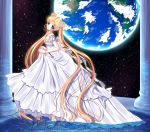  1girl barefoot bishoujo_senshi_sailor_moon blonde_hair blue_eyes crescent double_bun dress dress_lift facial_mark flower forehead_mark hair_flower hair_ornament hairpin long_hair pillar planet princess_serenity shirato_sayuri smile solo tsukino_usagi twintails water white_dress 