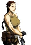  1girl angelina_jolie bare_shoulders belt braid breasts brown_eyes brown_hair fingerless_gloves gloves gun holster kitsune_atama lara_croft large_breasts lips long_hair pistol pouch shorts single_braid solo tank_top taut_shirt tomb_raider toned weapon 