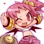  1girl :d bat_wings blush cuffs demon_girl disgaea fang hair_bobbles hair_ornament hanako heart lowres makai_senki_disgaea_2 midriff misasagi_yuuya navel open_mouth pink_eyes pink_hair pointy_ears side_ponytail simple_background slit_pupils smile solo tubetop white_background wings wink 