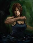  1girl bare_shoulders breasts brown_hair cleavage faux_traditional_media highres kontsune lara_croft large_breasts lips messy_hair nose solo tank_top tomb_raider 