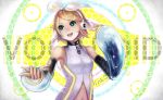  1girl android blonde_hair detached_sleeves fukushima_(jfierd) glowing glowing_eyes hair_ornament hair_ribbon hairclip headphones kagamine_rin kagamine_rin_(append) musical_note navel navel_cutout open_mouth ribbon short_hair solo vocaloid vocaloid_append 