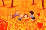  2boys 2girls autumn autumn_leaves black_hair brown_hair closed_eyes hanba_guyokota holding_hands honami_tamae lying multiple_boys multiple_girls oono_kenichi sakura_momoko short_hair sleeping sugiyama_satoshi tree 