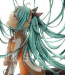  1girl aqua_eyes aqua_hair benika hand_on_own_chest hatsune_miku headphones highres long_hair odds_&amp;_ends_(vocaloid) open_mouth profile simple_background solo tears title_drop twintails very_long_hair vocaloid white_background 