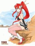  1girl belt bikini_top boots fingerless_gloves gloves hair_ornament long_hair looking_at_viewer pink_legwear piyopiyo_(kagotori) ponytail redhead scarf short_shorts shorts sitting skull_hair_ornament solo tengen_toppa_gurren_lagann thigh-highs yellow_eyes yoko_littner 