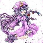  1girl bow crescent dress from_behind hat long_hair looking_back nanashii_(soregasisan) open_mouth patchouli_knowledge purple_hair ribbon solo touhou violet_eyes 
