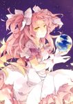  1girl bow breasts cleavage dress earth gloves goddess_madoka hair_bow highres imouko kaname_madoka looking_at_viewer mahou_shoujo_madoka_magica pink_hair solo space star_(sky) tears twintails yellow_eyes 