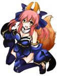  1girl animal_ears bare_shoulders blue_legwear bow breasts caster_(fate/extra) clog_sandals detached_sleeves fate/extra fate_(series) fox_ears fox_tail hair_bow hair_ribbon japanese_clothes open_mouth pink_hair ribbon smile solo tail thigh-highs twintails yellow_eyes 