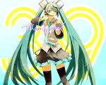  1girl detached_sleeves green_eyes green_hair hand_on_headphones hatsune_miku headphones highres long_hair necktie open_mouth pointing skirt solo sorakura_shikiji thigh-highs twintails very_long_hair vocaloid 