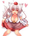  1girl animal_ears breasts cleavage collarbone detached_sleeves from_above hasu_(hk_works) hat heart inubashiri_momiji large_breasts looking_at_viewer no_bra open_mouth short_hair silver_hair simple_background sitting skirt skirt_lift smile solo tail tokin_hat touhou wide_sleeves wolf_ears wolf_tail 