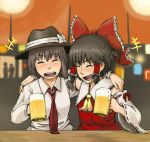  2girls arm_around_neck ascot beer black_hair blush bow closed_eyes detached_sleeves dress_shirt drunk friends hair_bow hair_tubes hakurei_reimu hat laughing maru8_a_go_go multiple_girls necktie shirt short_hair touhou usami_renko white_shirt 