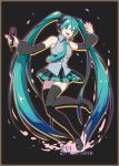  1girl 39 2013 aqua_eyes aqua_hair artist_name boots caffein dated detached_sleeves hatsune_miku headset highres long_hair microphone necktie open_mouth skirt solo thigh-highs thigh_boots twintails very_long_hair vocaloid 