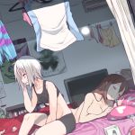  2girls bed bike_shorts blue_eyes bookshelf breasts brown_hair clothes_line digital_clock drooling freckles hair_bobbles hair_ornament homika_(pokemon) kawaisou large_breasts long_hair lying mei_(pokemon) multiple_girls nude pillow pokemon pokemon_(game) pokemon_bw2 saliva short_hair silver_hair sitting sleeping sports_bra tissue_box used_tissue 