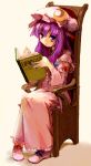  1girl book brooch chair crescent_moon dress full_body hat jewelry long_hair moon multicolored_eyes open_book patchouli_knowledge pink_dress pompa purple_hair shoes sitting solo touhou 