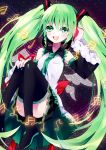  1girl detached_sleeves green_eyes green_hair hatobue hatsune_miku headset long_hair musical_note necktie open_mouth skirt solo thigh-highs twintails very_long_hair vocaloid 