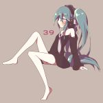  1girl 39 arm_support chaki_(chakan) detached_sleeves green_eyes green_hair hatsune_miku headphones long_hair necktie simple_background sitting solo twintails very_long_hair vocaloid 