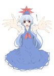  1girl blue_hair dress foreshortening hat hmx99_elf kamishirasawa_keine long_hair open_mouth red_eyes simple_background solo touhou translation_request white_background 