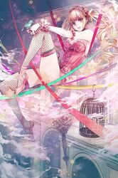  ballet_slippers bird birdcage blonde_hair bracelet bustier cage cross-laced_footwear drill_hair fishnet_legwear fishnets hairband hexagram hina_(xoxo) jewelry karneval legs long_hair pink_eyes ribbon ring thigh-highs tsukumo_(karneval) twin_drills twintails umbrella wristband 