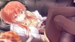  1girl black_legwear blurry crossed_legs_(lying) depth_of_field easy_chair eyecatch grin ipad labcoat long_hair luna_lia lying on_back pantyhose ponytail red_eyes redhead sasami-san@ganbaranai screencap smile solo sweater yagami_tsurugi 