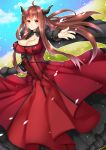  1girl ahoge breasts brown_hair choker cleavage dress highres horns large_breasts long_hair looking_at_viewer maou_(maoyuu) maoyuu_maou_yuusha outstretched_arm red_dress red_eyes smile solo yutazou 