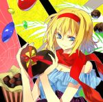  1girl alice_margatroid alternate_costume blonde_hair blue_eyes chocolate chocolate_heart contemporary heart scarf short_hair smile solo spider_web tomasu touhou 