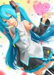  1girl 39 2013 agonasubi aqua_eyes aqua_hair dated detached_sleeves hatsune_miku long_hair necktie open_mouth skirt solo thigh-highs twintails very_long_hair vocaloid 