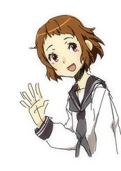  brown_hair hyouka ibara_mayaka open_mouth pink_eyes school_uniform serafuku short_hair solo tamago waving 