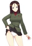  1girl black_hair blue_eyes blush breasts girls_und_panzer gun jacket long_hair military military_uniform money nakadori_(artist) nonna panties skirt solo underwear uniform weapon white_panties 