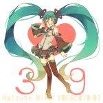  1girl 39 boots character_name closed_eyes detached_sleeves edward-el green_hair hand_on_headphones hatsune_miku headphones headset heart highres long_hair necktie open_mouth simple_background skirt solo thigh-highs thigh_boots twintails very_long_hair vocaloid white_background 
