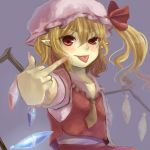  1girl blonde_hair fingernails flandre_scarlet fuyuno hat long_fingernails middle_finger red_eyes simple_background solo tongue tongue_out touhou wings 