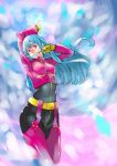  1girl blue_hair breasts candy chaps cropped_jacket gloves impossible_clothes king_of_fighters kula_diamond lollipop long_hair pants red_eyes solo unizama 