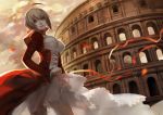  1girl ahoge asukaziye blonde_hair breasts cleavage colosseum dress fate/extra fate_(series) green_eyes hair_ribbon looking_at_viewer open_mouth petals red_dress ribbon rome saber_extra solo 