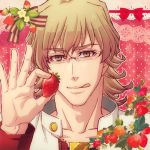  1boy :q barnaby_brooks_jr blonde_hair food fruit glasses green_eyes jacket lunarclinic red_jacket solo strawberry tiger_&amp;_bunny tongue 