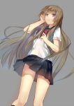  1girl bow brown_hair from_below fuwa_aika grey_background hime_cut kneehighs long_hair pleated_skirt school_uniform simple_background skirt solo very_long_hair violet_eyes xinta zetsuen_no_tempest 