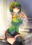  1girl arm_support bow green_hair headset idolmaster otonashi_kotori pen sitting solo tenkuu_sphere thigh-highs 