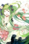  1girl arm_up closed_eyes dress flower green_hair hair_ribbon hand_on_own_chest hatsune_miku long_hair open_mouth outstretched_arm ribbon solo tang_elen very_long_hair vocaloid 