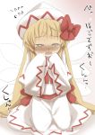  1girl blonde_hair blush bow commentary_request crying dress gaoo_(frpjx283) hair_bow hat lily_white long_hair runny_nose sitting solo touhou translation_request very_long_hair wide_sleeves wings 