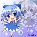  1girl artist_name benika_(benikaone) blue_eyes blue_hair blush bow chibi cirno dress frog frozen gradient gradient_background hair_bow ice ice_wings looking_at_viewer open_mouth outstretched_hand short_hair smile snowflakes solo touhou wings zoom_layer 