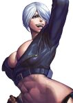  1509virgoart abs absurdres angel_(kof) blue_eyes bra breasts chaps cropped_jacket fingerless_gloves gloves hair_over_one_eye highres jacket large_breasts leather leather_jacket midriff muscular muscular_female navel snk stomach strapless strapless_bra the_king_of_fighters the_king_of_fighters_xiv the_king_of_fighters_xv toned underwear white_hair 