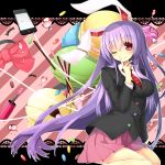  1girl animal_ears blush candy highres iphone ken123456 long_hair necktie phone purple_hair rabbit_ears red_eyes reisen_udongein_inaba skirt smile solo thigh-highs touhou wink 