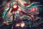  1girl aqua_eyes detached_sleeves dutch_angle fish green_hair hatsune_miku lm7_(op-center) long_hair necktie scarf skirt smile solo thigh-highs twintails very_long_hair vocaloid 