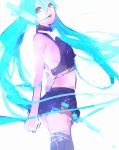  1girl blue_eyes blue_hair hatsune_miku headset hebi midriff skirt solo thigh-highs twintails vocaloid zettai_ryouiki 