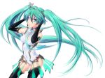  1girl elbow_gloves gloves green_eyes green_hair hatenaxx hatsune_miku headset long_hair necktie racequeen simple_background skirt solo thigh-highs twintails very_long_hair vocaloid white_background 