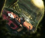  1girl absurdres belt breasts crop_top dagger gasssss gloves green_eyes headband highres katarina_du_couteau league_of_legends liandry&#039;s_torment lips long_hair lying mask midriff navel partially_submerged popped_collar redhead scar solo tree water weapon 