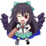  1girl arm_cannon b.leaf bird_wings black_hair blouse bow breasts cape chibi hair_bow hand_on_hip kneehighs long_hair looking_at_viewer mismatched_footwear open_mouth red_eyes reiuji_utsuho short_sleeves skirt solo third_eye touhou very_long_hair weapon wink 