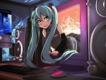  1girl blush computer computer_keyboard computer_mouse detached_sleeves green_eyes green_hair hatsune_miku highres long_hair looking_at_viewer necktie open_mouth smile solo tom_(drpow) twintails very_long_hair vocaloid 