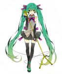  1girl bowtie elbow_gloves fingerless_gloves gloves green_eyes green_hair hatsune_miku long_hair microphone microphone_stand open_mouth simple_background skirt solo thigh-highs twintails very_long_hair vocaloid white_background yuuya_(n-m-t) 