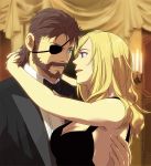  1boy 1girl arms_around_neck beard big_boss black_dress blue_eyes breasts brown_hair cleavage couple dress eva_(mgs) eye_contact eyepatch facial_hair formal hinoe_(dd_works) hug large_breasts looking_at_another metal_gear_solid_3 suit 